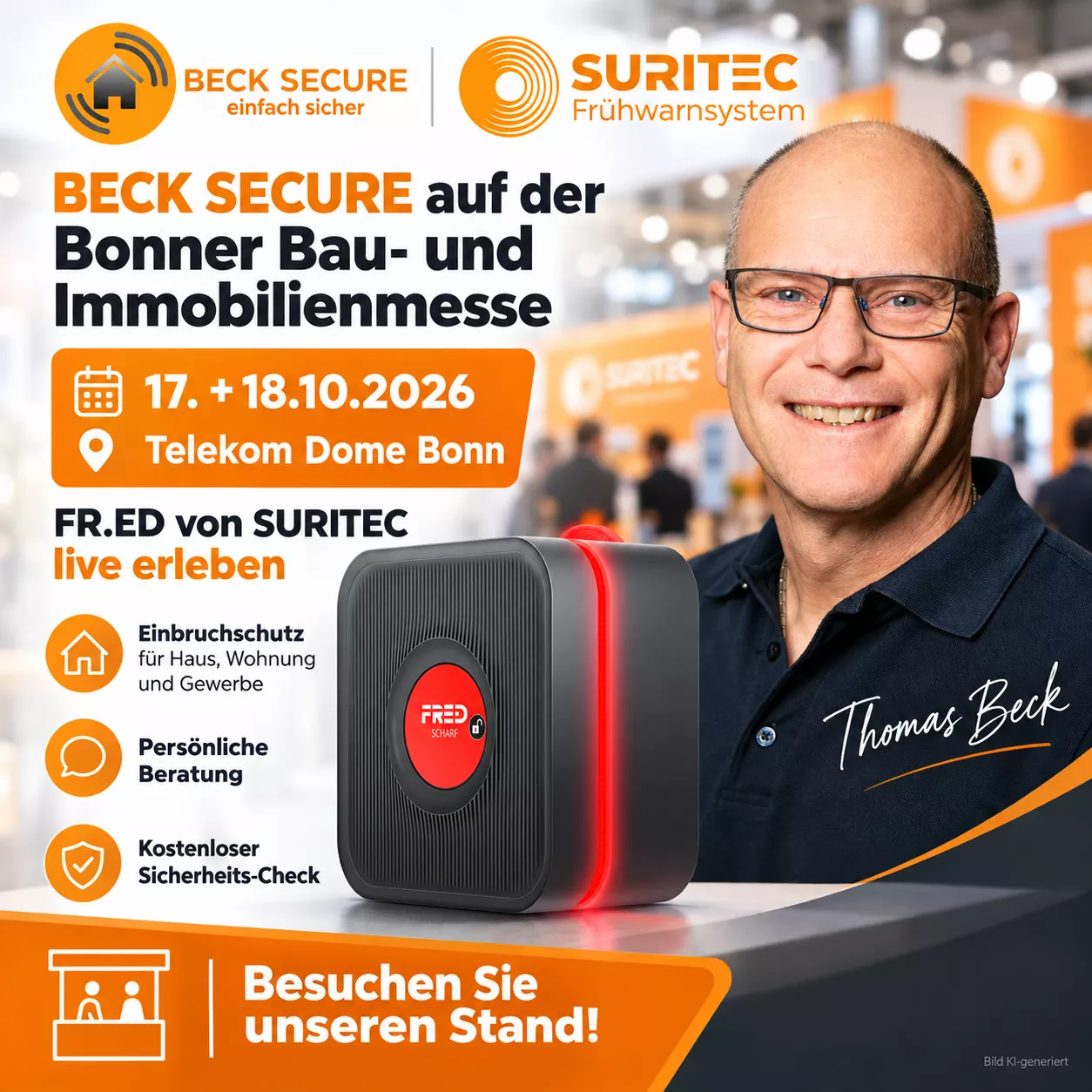 Thomas Beck von BECK SECURE präsentiert FR.ED von SURITEC auf der Bonner Bau- und Immobilienmesse 2026 im Telekom Dome Bonn