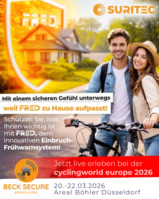 FR.ED Einbruch Frühwarnsystem von Beck Secure auf der Cyclingworld Europe 2026 im Areal Böhler Düsseldorf, Suritec