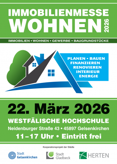Immobilienmesse WOHNEN 2026 Gelsenkirchen Plakat mit Datum 22. März und Themen Finanzierung Renovierung Energie
