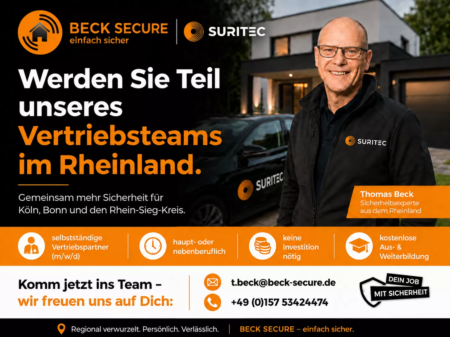 Karriereanzeige für Vertriebspartner im Bereich Sicherheitstechnik und Einbruchschutz mit FR.ED von Suritec und Beck Secure im Raum Köln, Bonn und Rhein-Sieg-Kreis.