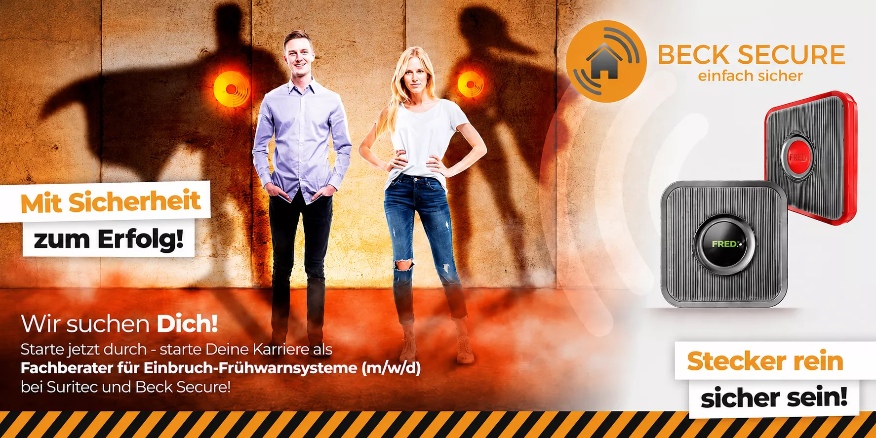 Recruiting-Anzeige für selbstständige Vertriebspartner im Bereich Einbruchschutz und Frühwarnsysteme mit FR.ED von Suritec und Beck Secure im Raum Köln, Bonn und Rhein-Sieg-Kreis.