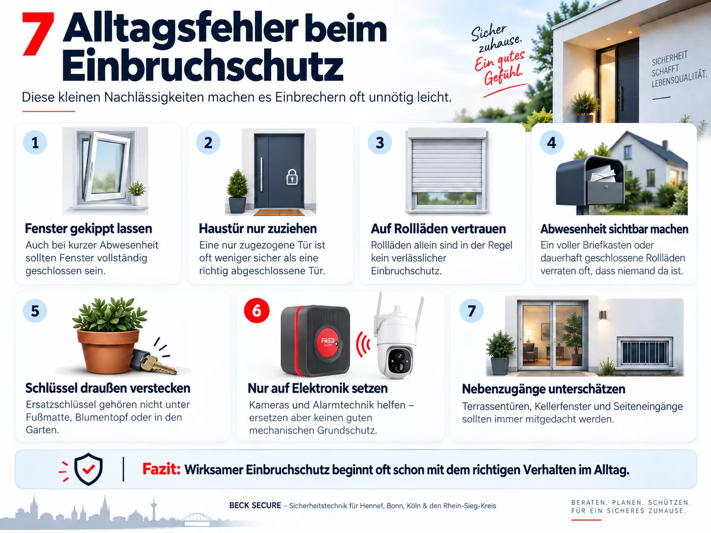 Infografik mit sieben typischen Alltagsfehlern beim Einbruchschutz wie gekippten Fenstern, unverschlossenen Türen und versteckten Ersatzschlüsseln