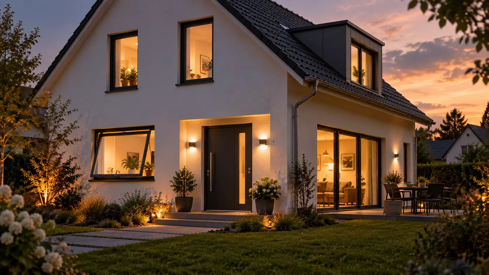 Modernes Einfamilienhaus in der Abenddämmerung mit beleuchteten Fenstern und gekipptem Erdgeschossfenster als Symbol für einen typischen Fehler beim Einbruchschutz